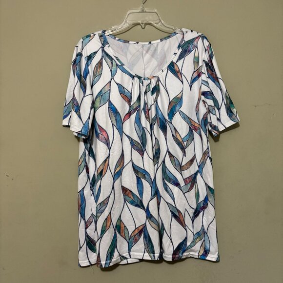 Plus Size 1X Leaf Print Short Sleeve Blouse White Multi-Color - Picture 1 of 4